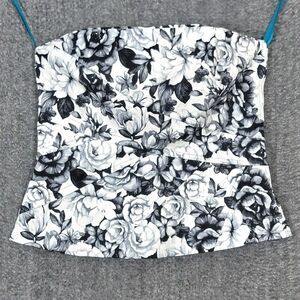 White House Black Market Bustier Top Womens 8 Black & White Floral Strapless